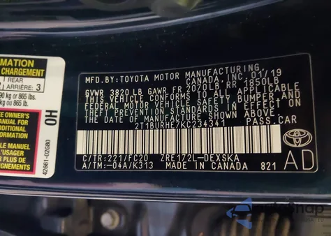 2019 Toyota Corolla Se z USA, uszkodzony, nr VIN 2T1BURHE7KC234341